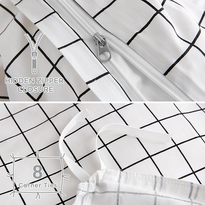 TOCOMOA Checkered Duvet Cover Set 100% Natural Cotton Soft Comfy Breathable 3 Piece White and Black Gingham Pattern Printed Comforter Cover Bedding Set (Queen 90"x90", Comforter Not Included)