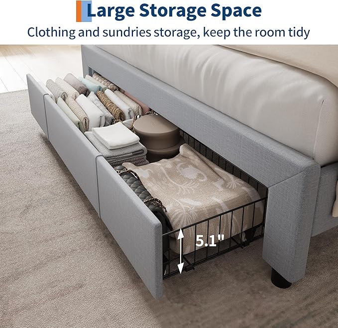 Garvee Upholstered Bed Frame Full Size with Storage Headboard and Charging Station, Platform Bed Frame with Drawers, Heavy Duty, No Box Spring Needed, Easy Assembly, Light Grey