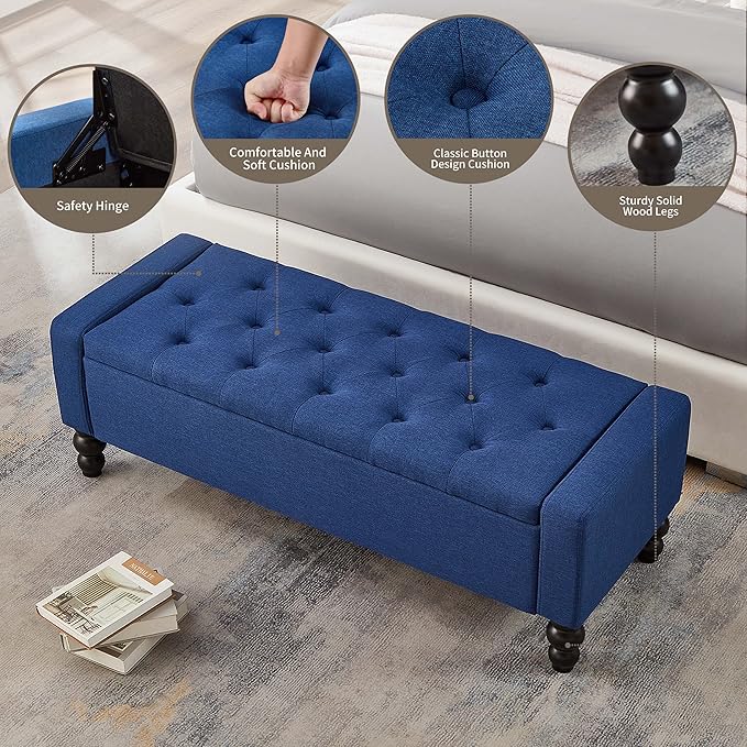 50" W Storage Ottoman Bench with Safety Hinge, Load up to 660 lb Ottoman with Storage, Upholstered Tufted Entryway Bench with Seating for Living Room, Bedroom, Entryway, Blue