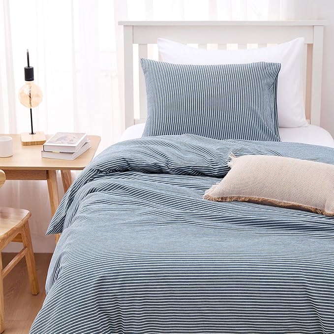Wake In Cloud - Striped Cotton Duvet Cover Set, 100% Washed Cotton Textured Percale Bedding Set, Ticking Stripe Pinstripe Farmhouse, 3 Pieces, Denim Blue, Twin Size