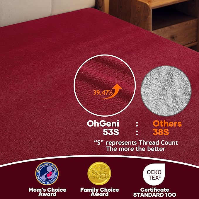 OhGeni 100% Waterproof Mattress Protector, Queen Size Red, Fitted Sheet with Deep Pockets, 6''-18'', Premium Noiseless Breathable Soft Material, Mattresses Cover for Bed