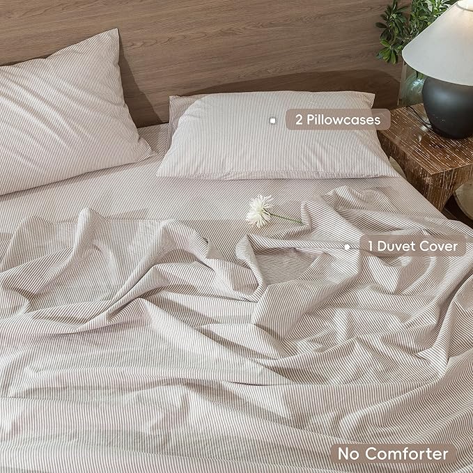 MooMee Striped Duvet Cover Set 100% Washed Cotton Linen Like Textured Breathable Durable Soft Comfy (Orange Pinstripes, King 104"x90")