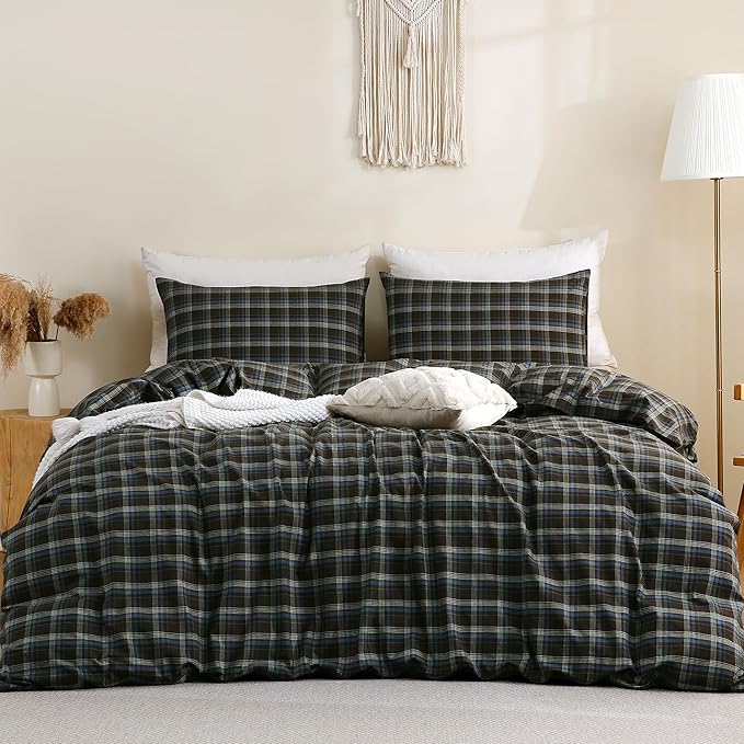 TOCOMOA Buffalo Plaid Duvet Cover Set 100% Washed Cotton Like Linen Feel Super Soft Comfy 2 Piece Brown Blue Gingham Checkered Bedding Comforter Cover Set (Twin 68"x90", Comforter Not Included)