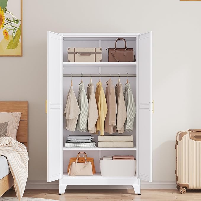 Metal Armoire Wardrobe Closet with Hanging Rod, Clothing Storage Cabinet with Adjustable Shelves for Laundry Room, Bedroom, Home Office, Bathroom, 71" White