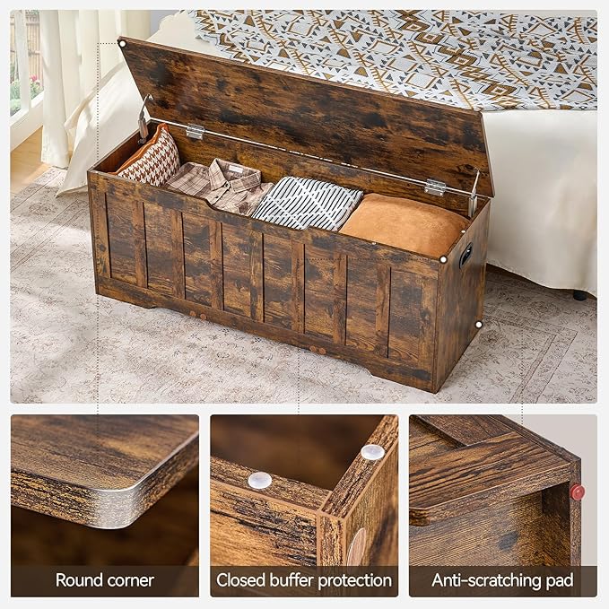 VANKILEY 47.2"Storage chest extra large,storage trunk with 2 safety Hinges,Wooden storage bench,Shoe Bench,47.2x15.7x19.1 Inch,Easy Assembly,storage bench for bedroom,living room,entryway,Rustic brown