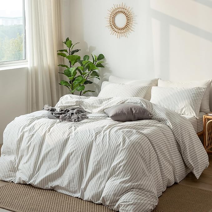 MooMee Striped Duvet Cover Set 100% Washed Cotton Linen Like Textured Breathable Durable Soft Comfy (White Dark Grey Wide Stripes, Twin 68"x90")
