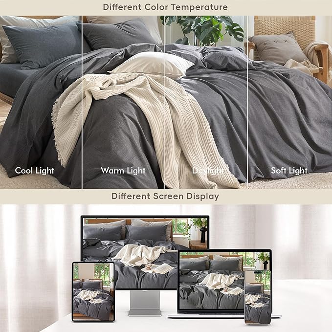 MooMee Bedding Duvet Cover Set 100% Washed Cotton Linen Like Textured Breathable Durable Soft Comfy (Heathered Dark Grey, Palatial King/Oversized King 120"x98")