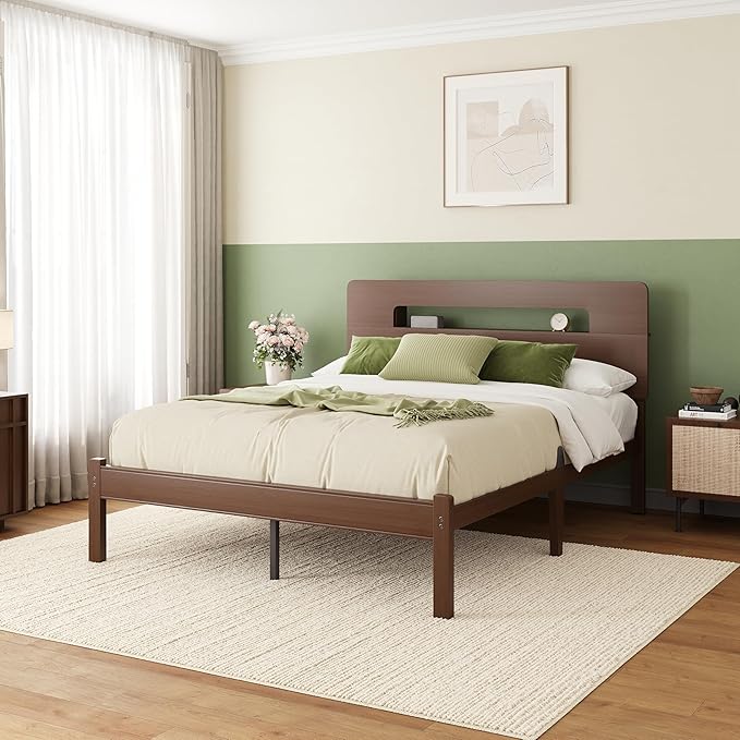 ZIYOO Full Size 14 Inch Walnut Bamboo Bed Frame, Durable Platform Bed Base with Strong Support Slats, Stylish Bed Frame for Bedroom, Dorm & Guest Room