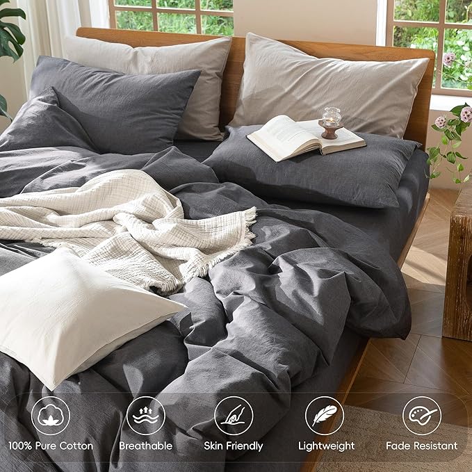 MooMee Bedding Duvet Cover Set 100% Washed Cotton Linen Like Textured Breathable Durable Soft Comfy (Heathered Dark Grey, King 104"x90")