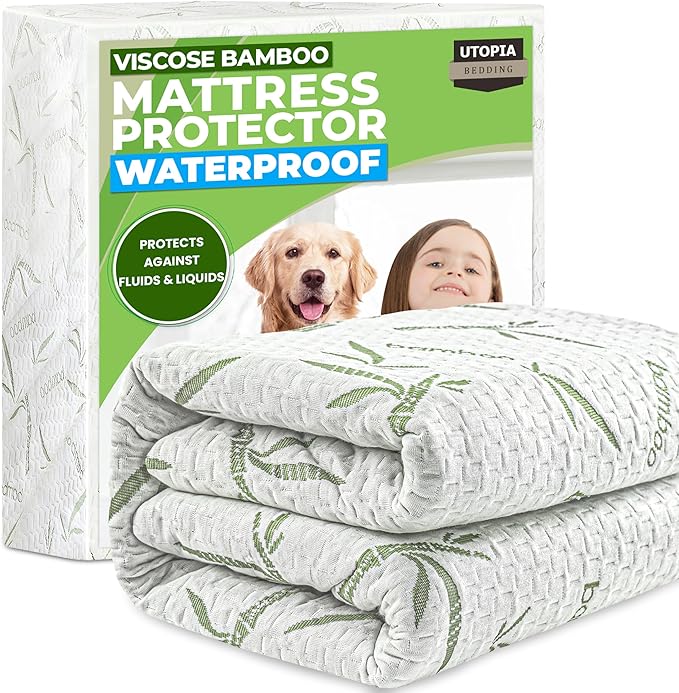 Utopia Bedding Waterproof Mattress Protector Twin Size Bed, Premium 200 GSM Bamboo Viscose Cooling Mattress Cover, Soft and Breathable, Fitted Style with 15 Inches Deep Stretchable Pockets