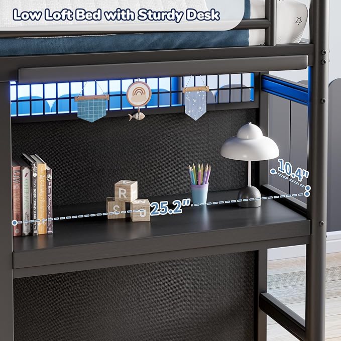 Low Loft Bed Twin Size with 7 Storage Drawers, Desk and LED Lights, Heavy Duty Metal Kids Loft Bed with 12" H Safety Guardrail, Anti-Collision Pad, Private Play Curtain, Under-Bed Play Space - Black