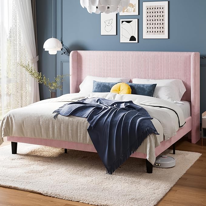 Allewie King Size Bed Frame with Upholstered Wingback Headboard, Vertical Channel Tufted Corduroy Velvet Platform Bed, Strong Wooden Slats Support, No Box Spring Needed, Easy Assembly, Light Pink