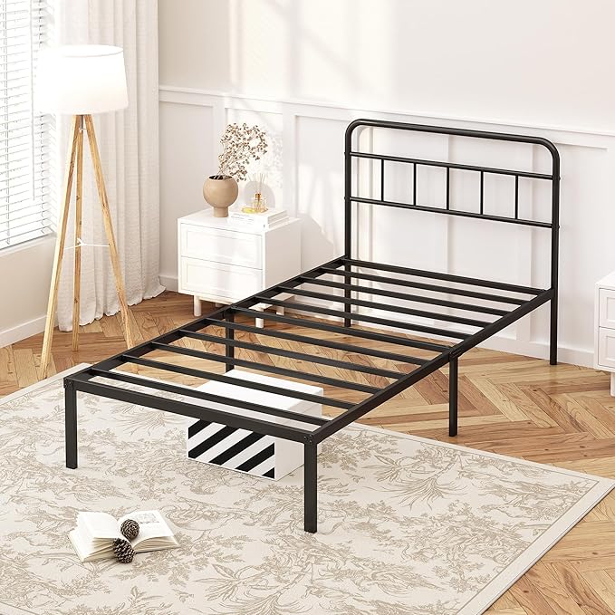 Kujielan 12 inches Twin Size Bed Frame with Minimalist headboard,Metal Platform Base with Strong Metal Slats,Mattress Foundation for Under Bed Storage,Easy Assembly,Black