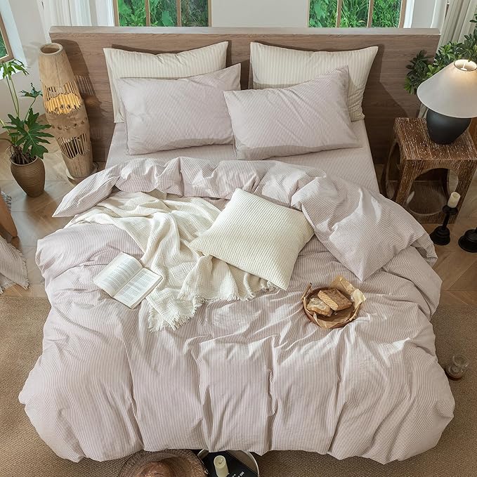 MooMee Striped Duvet Cover Set 100% Washed Cotton Linen Like Textured Breathable Durable Soft Comfy (Orange Pinstripes, Oversized Queen 98"x98")