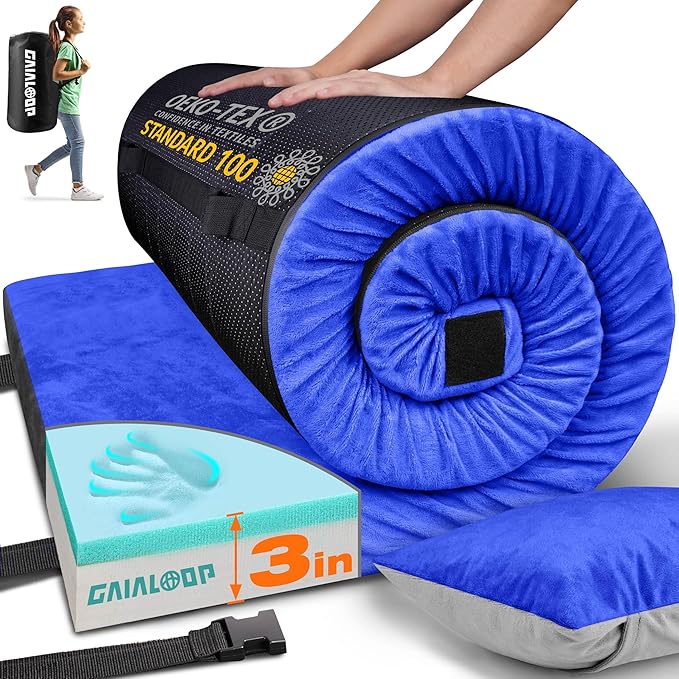 GAIALOOP 3 Inch Memory Foam Camping Mattress, Dual Layer Thick Sleeping Camp Pad for Car Tent Cot, Roll-Up Portable Glamping Floor Bed for Guests Sleepover