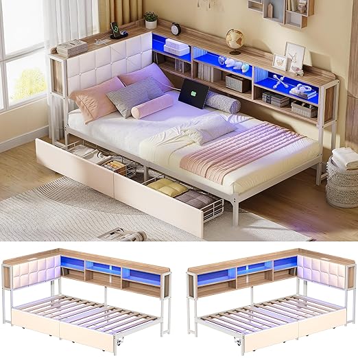 Twin Corner Bed Frame with Storage Drawers and Bookcase & Flip-up Storage Headboard, Twin Size Platform Corner Bed Frame with Charging Station and LED Lights, Twin Daybed for Dorm or Guests, Beige