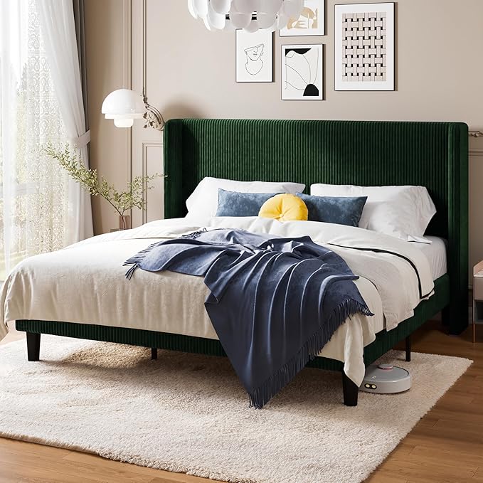 Allewie King Size Bed Frame with Upholstered Wingback Headboard, Vertical Channel Tufted Corduroy Velvet Platform Bed, Strong Wooden Slats Support, No Box Spring Needed, Easy Assembly, Dark Green