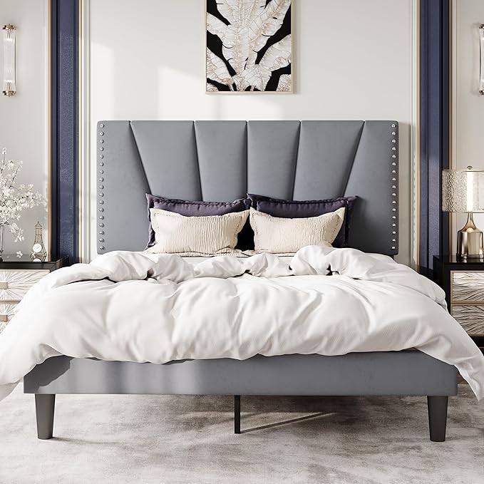 SHA CERLIN Queen Size Bed Frame with Adjustable Upholstered Velvet Rivets Headboard, Sturdy Wooden Slats, Strong Platform Support for Mattress, No Box Spring Needed, Easy Assembly, Grey
