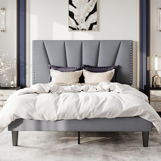 SHA CERLIN Queen Size Bed Frame with Adjustable Upholstered Velvet Rivets Headboard, Sturdy Wooden Slats, Strong Platform Support for Mattress, No Box Spring Needed, Easy Assembly, Grey