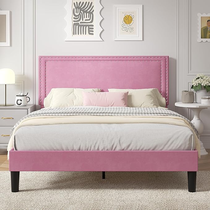 VECELO Full Size Platform Bed Frame with Height Adjustable Upholstered Headboard, Modern Mattress Foundation,Strong Wood Slat Support, No Box Spring Needed, Easy Assembly,Pink