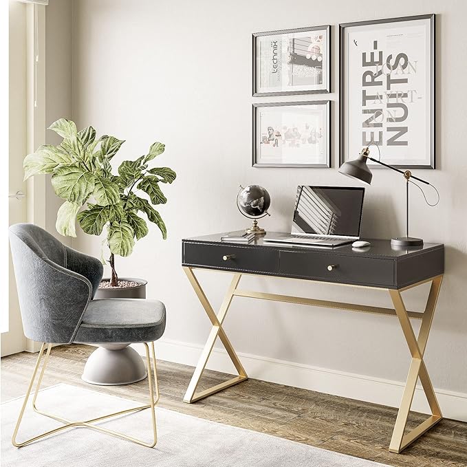 BELLEZE Modern 42 Inch Makeup Vanity Dressing Table or Home Office Computer Laptop Writing Desk with Two Storage Drawers, Wood Top, and Gold Metal Frame - Ellena (Black)