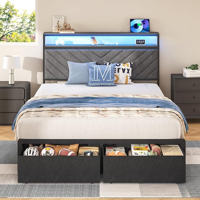 HISOFT Full Bed Frame with Charging Station, LED Lights & 2 Storage Drawers, Grey Platform Bed with Upholstered Headboard, Under-Bed Storage, No Box Spring Needed, Easy Assembly, Strong Support