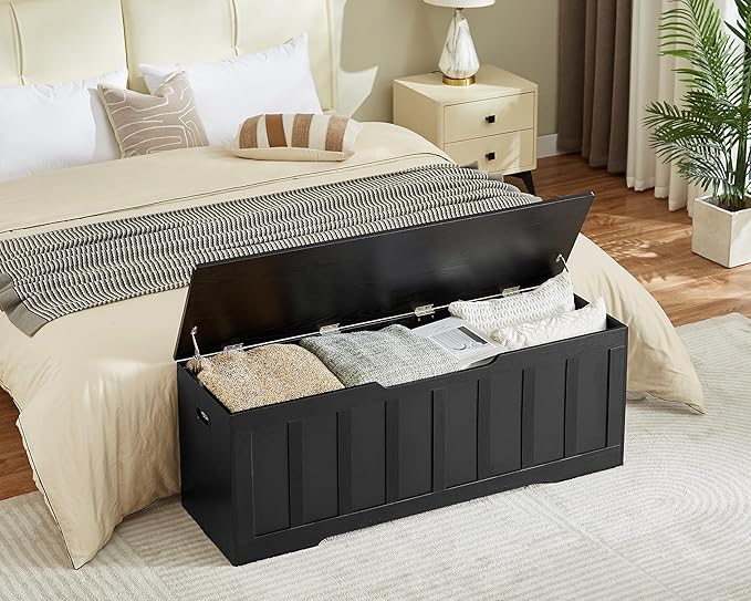 VANKILEY 51.2" Storage Chest Extra Large,Storage Bench with 2 Safety Hinges,Shoe Bench,51.2 * 15.7 * 19.1 inches,Wooden Trunk for Bedroom,livingroom,entryway,Supports 220 lb,Easy Assembly(Black).