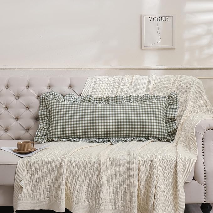 14x36 inches Sage Green Plaid Ruffle Lumbar Pillow Sham 1 Piece, Pure Cotton Gingham Decor Pillowcase French Country Vintage Cushion Cover for Bedding Couch