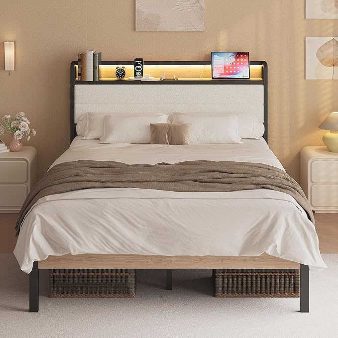 LIKIMIO Full Bed Frame with Storage Headboard and LED Lights, Metal Platform Bed with Charging Station, Noise Free, No Box Spring Needed, Under Bed Storage, Natural and Cream