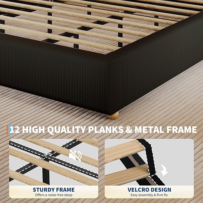 GarveeHome Full Size Cloud Bed Frame，Corduroy Low Bed Frame Without Headboard, Thick Fabric Upholstered Platform Bed, Solid Wood Legs, No Box Spring Needed, Never Squeak, Easy Assembly, Black
