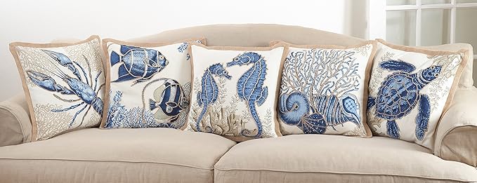SARO LIFESTYLE Neptunian Coastal Throw Pillow – 20” x 20”, Woven Cotton Cover with Jute Trim, Zipper Closure, Down & Feather Insert – Sea Turtle, Navy Blue