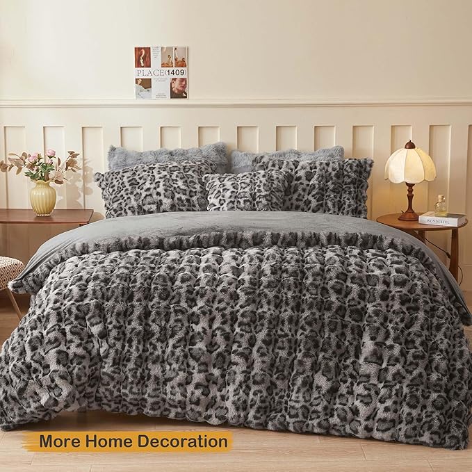 LIFEREVO Leopard Print 20 x 54 Faux Rabbit Fur Body Pillow Cover, Comfy Cheetah Print Bubble Shaggy Bed Pillowcase with Zipper, Long Plush Furry Farmhouse Pillow Case for Adults Kids Girls Teens, Grey