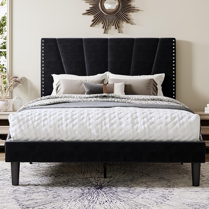 Allewie Full Size Bed Frame with Adjustable Velvet Upholstered Headboard, Rivet-Style Nailhead Trim Detail Platform Bed Frame, Wooden Slat Support, No Box Spring Needed, Easy Assembly, Black