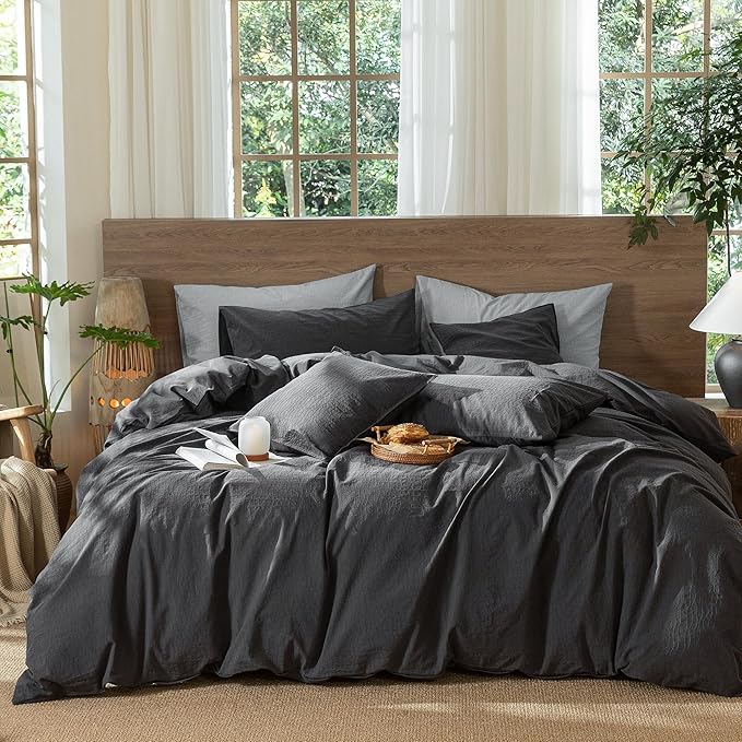 MooMee Wavy Striped Duvet Cover Set 100% Washed Cotton Linen Like Textured Breathable Durable Soft Comfy (Charocal Grey, Super King 108"x98")