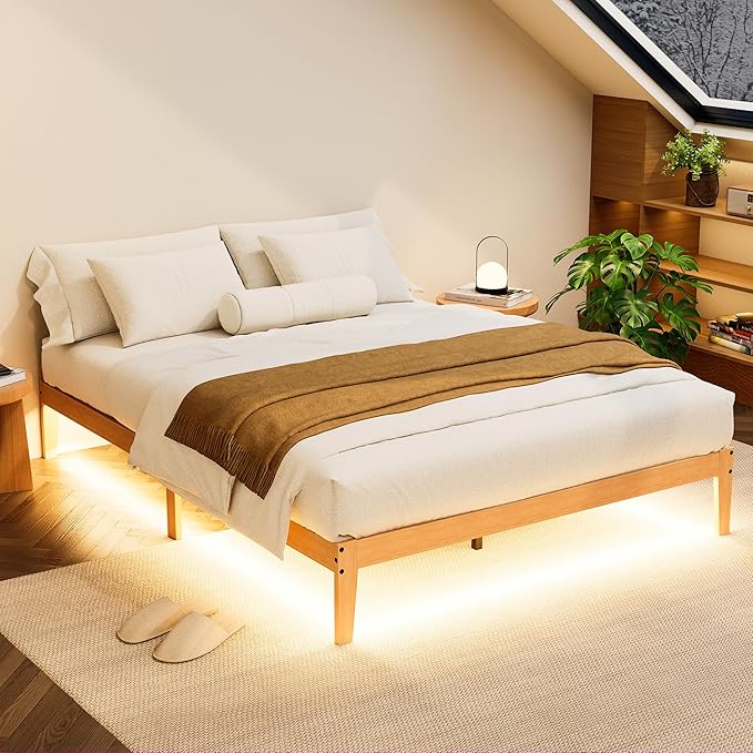 Tyndall Full Size Bed Frame with LED Lights, 12 Inch Solid Wood Platform Bed Frame with Under Bed Storage, Wooden Slats Support, Natural Finish, No Box Spring Needed, Noise Free, Easy Assembly