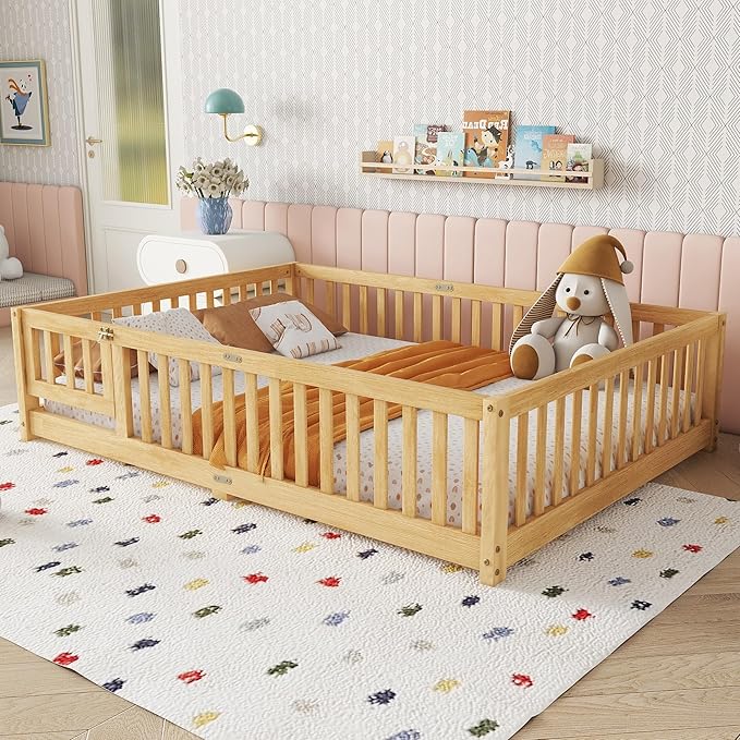 Bellemave Full Size Floor Bed with Slats and Safety Guardrail, Full Size Montessori Floor Bed with Fence and Door, Easy Assemble Montessori Beds for Kids, Girls, Boys, Natural