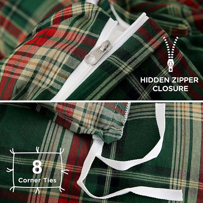 TOCOMOA Christmas Plaid Duvet Cover Set 100% Washed Cotton Like Linen Feel Super Soft Comfy 3 Piece Green Red Gingham Checkered Bedding Comforter Cover Set (Queen 90"x90", Comforter Not Included)