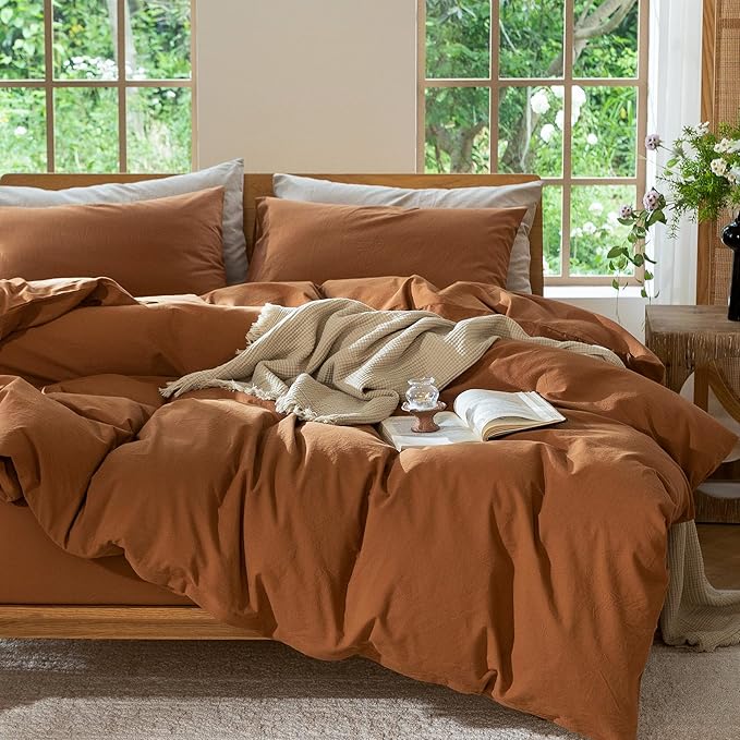 MooMee Bedding Duvet Cover Set 100% Washed Cotton Linen Like Textured Breathable Durable Soft Comfy (Solid Dark Orange, King 104"x90")