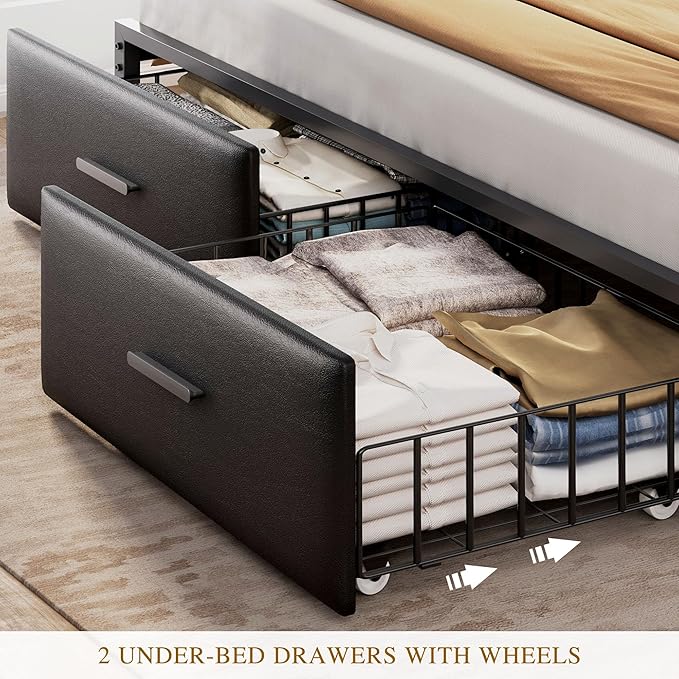 YITAHOME King Size with 2 Storage Drawers and Charging Station, Upholstered Bed with Storage Headboard and LED Light, Heavy Duty Metal Frame Support, No Box Spring Needed, Noise Free, PU Leather Black