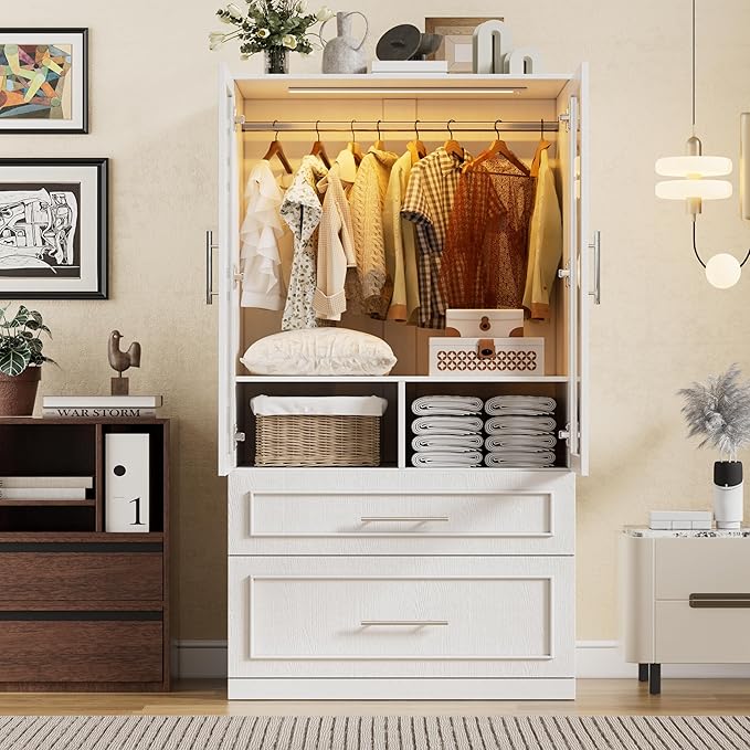PAKASEPT Armoire Wardrobe Closet with Glass Door and Drawers, Bedroom Closet Wardrobe Cabinet with Hanging Rod, Lighted Freestanding Armoire Storage Cabinet for Bedroom Cloakroom White