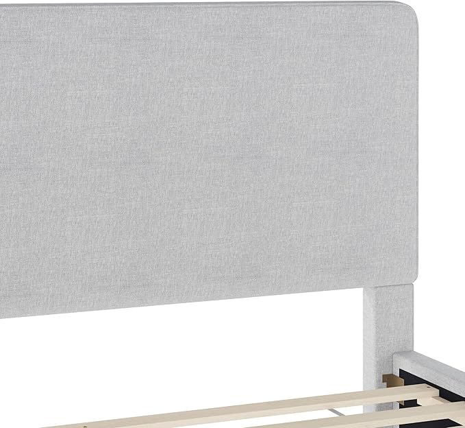 Martha Stewart Britta Platform Bed with Headboard & Footboard, Faux Linen Upholstery with Piping Detail, Rounded Headboard, No Box Spring Needed, Queen, Gray