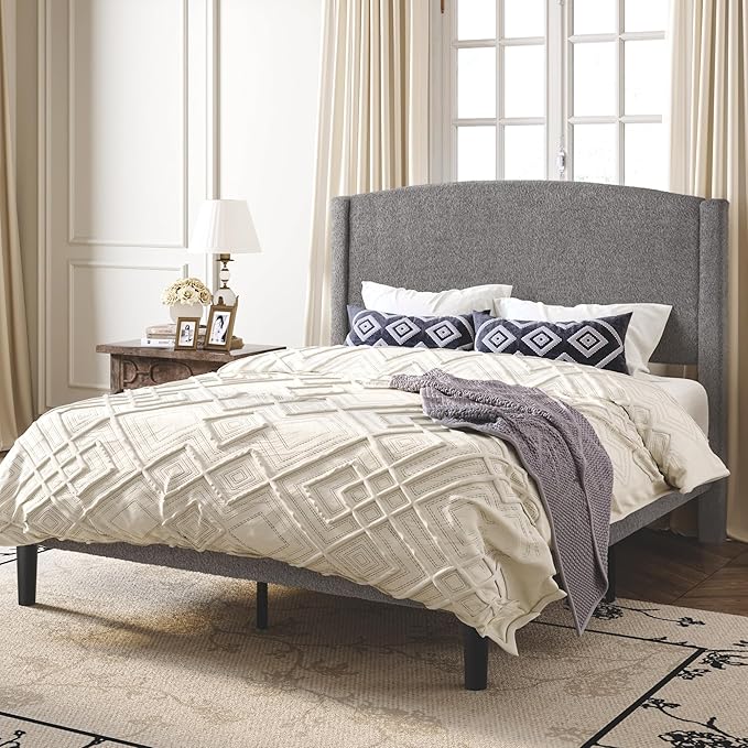 SHA CERLIN Full Size Bed Frame with Soft Teddy Fabric, Boucle Upholstered Platform Bed, Curved Headboard Design, Wooden Slats Support, Noise-Free, No Box Spring Needed, Easy Assembly, Grey