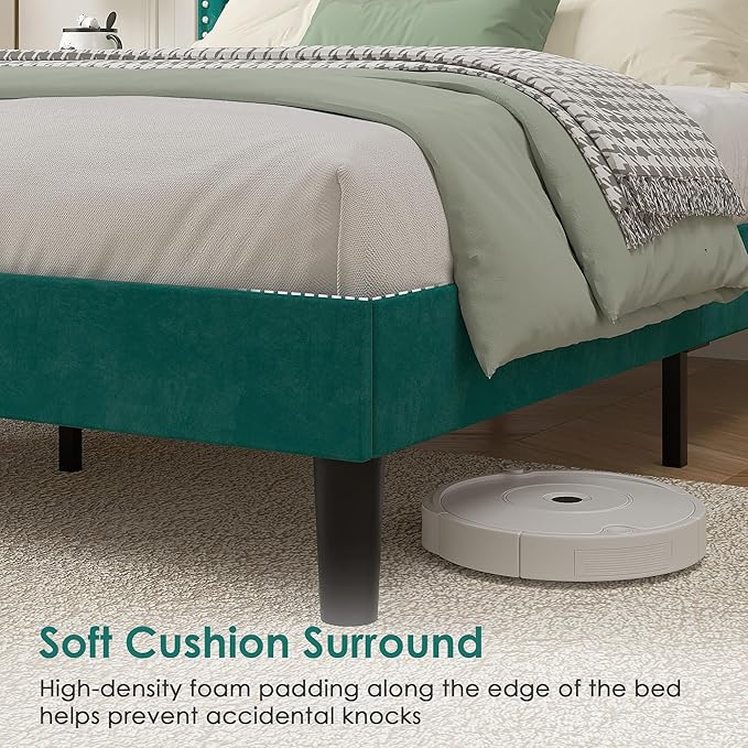 VECELO Twin Size Platform Bed Frame with Height Adjustable Upholstered Headboard, Modern Mattress Foundation,Strong Wood Slat Support, No Box Spring Needed, Easy Assembly, Dark Green