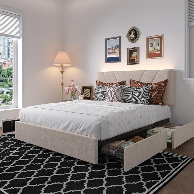 Novilla Full Size Bed Frame, Full Size Bed Frame with Headboard, Full Size Bed Frame with Storage Drawers, Full LED Bed Frame, Charging Station and Adjustable Headboard, No Box Spring Needed, Beige