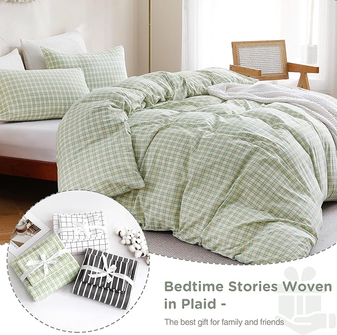 TOCOMOA Plaid Duvet Cover Set 100% Washed Cotton Like Linen Feel Super Soft Comfy 3 Piece Green and Yellow Gingham Checkered Bedding Comforter Cover Set (Queen 90"x90", Comforter Not Included)