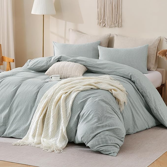 TOCOMOA Mini Gingham Green Duvet Cover Bedding Set 100% Washed Cotton Like Linen Feel Super Soft Comfortable 3 Piece Small Plaid Checkered Comforter Cover Set (King 104"x90", Comforter Not Included)