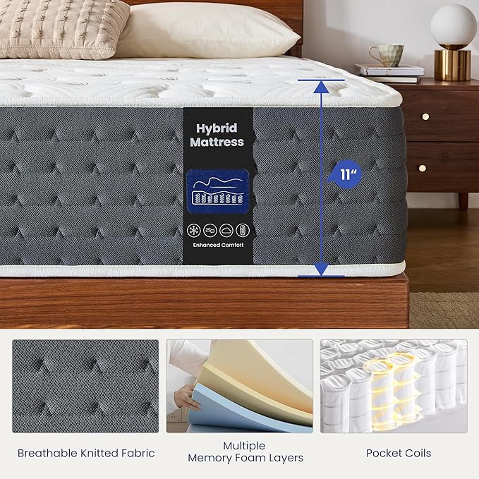 Queen Mattress 11 Inch, Hybrid Cooling Gel Memory Foam Mattress with Pocket Springs, Medium Firm Support, Pressure Relief & Motion Isolation, Breathable Mattress in a Box, CertiPUR-US Certified