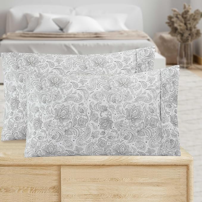 Elegant Comfort Luxury Ultra-Soft 2-Piece Pillowcase Set - 1500 Premium Hotel Quality Microfiber Double Brushed - Wrinkle Resistant, King Size, Paisley Pattern Gray