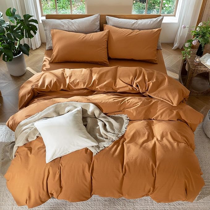 MooMee Bedding Duvet Cover Set 100% Washed Cotton Linen Like Textured Breathable Durable Soft Comfy (Solid Burnt Orange, King 104"x90")