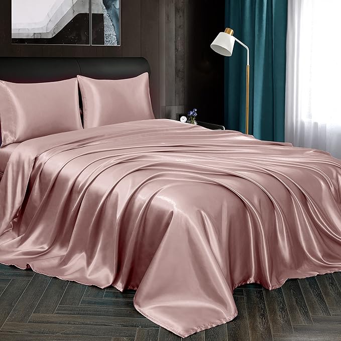 Homiest 4pcs Satin Sheets Set Luxury Silky Satin Bedding Set with Deep Pocket, 1 Fitted Sheet + 1 Flat Sheet + 2 Pillowcases (King Size, Rose Gold)